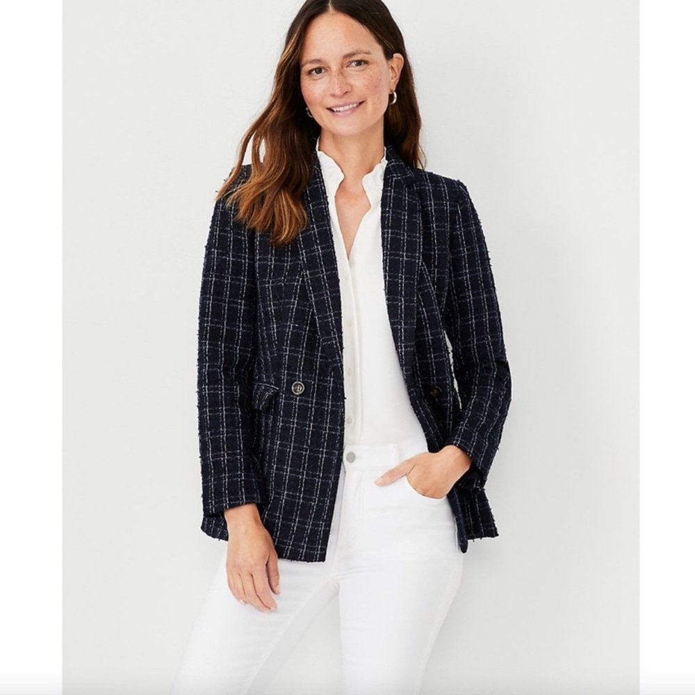 Ann Taylor The Tailored Double Breasted Blazer in Tweed Navy Size 2